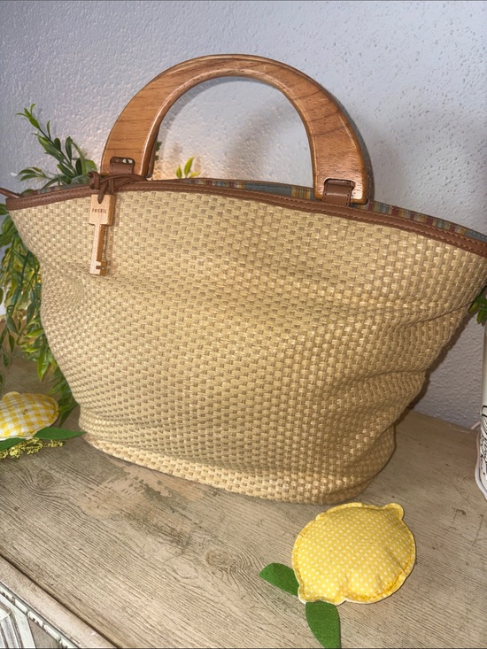 Fossil Handbags - Fossil Beige Woven Tote with Wooden Handles
